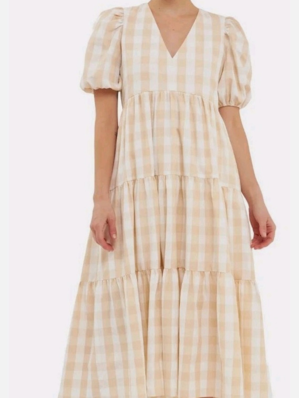 Beige Gingham Puff-Sleeve Tiered Midi Dress